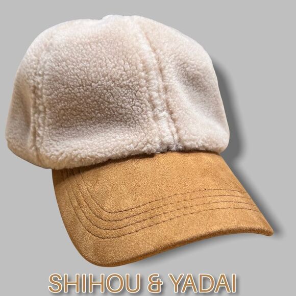 NWOT Sherpa Cap Beige with Brown Faux Suede UNISEX Adjustable - Picture 2 of 8